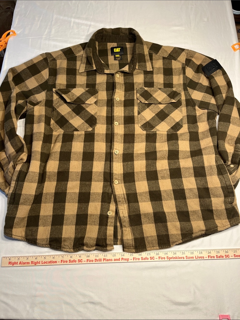 CAT Caterpillar Flannel Shirt Mens 2XL Brown Buffalo Plaid Workwear Heavy Cotton